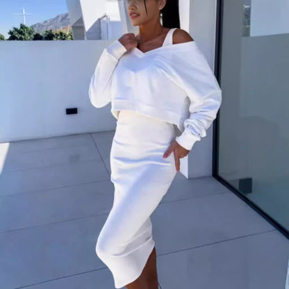 Elegant V-Neck Sweater & Skirt Set