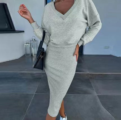 Elegant V-Neck Sweater & Skirt Set