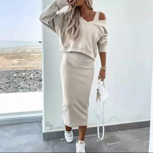Elegant V-Neck Sweater & Skirt Set