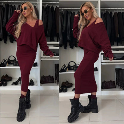 Elegant V-Neck Sweater & Skirt Set