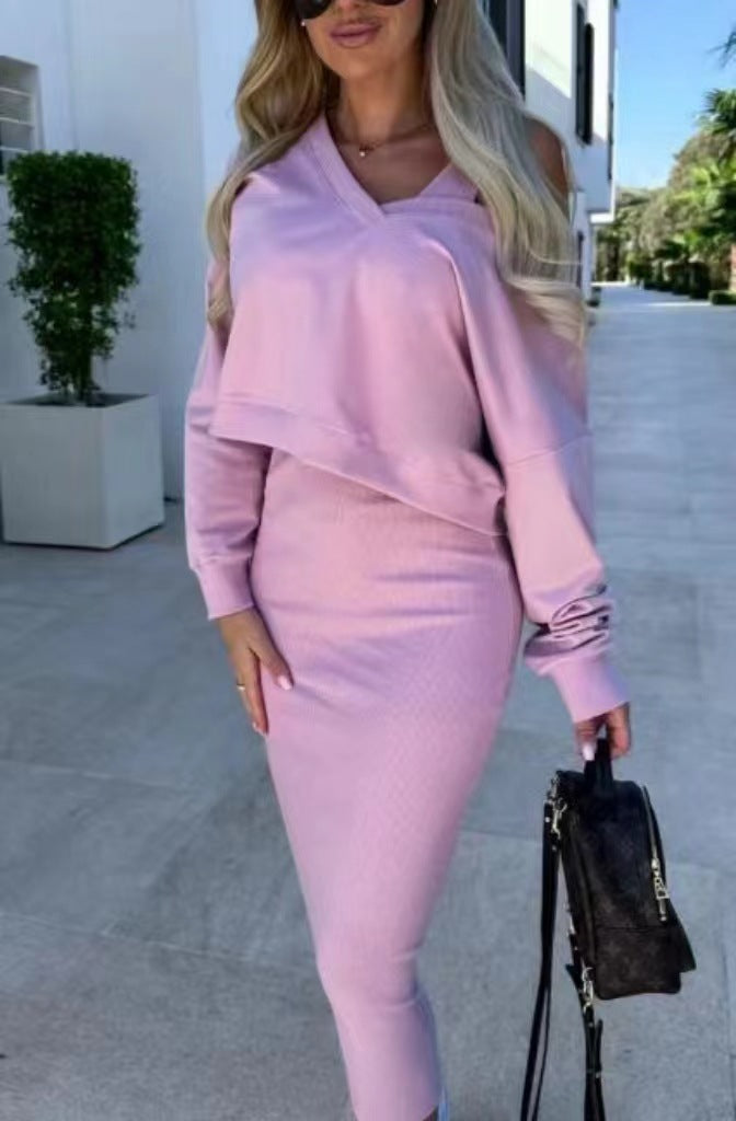 Elegant V-Neck Sweater & Skirt Set